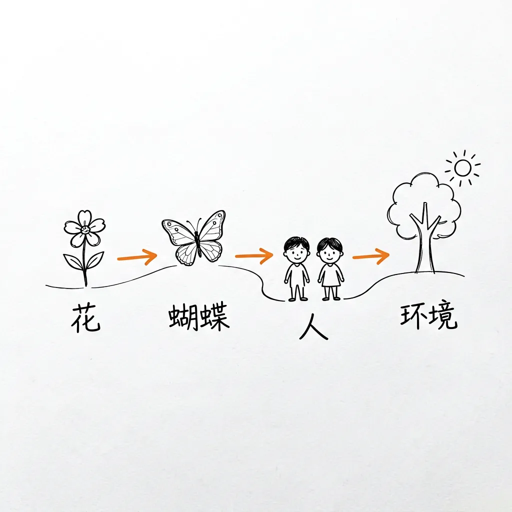 引导路线草图：按 花 → 蝴蝶 → 人 → 环境 的顺序引导孩子观察