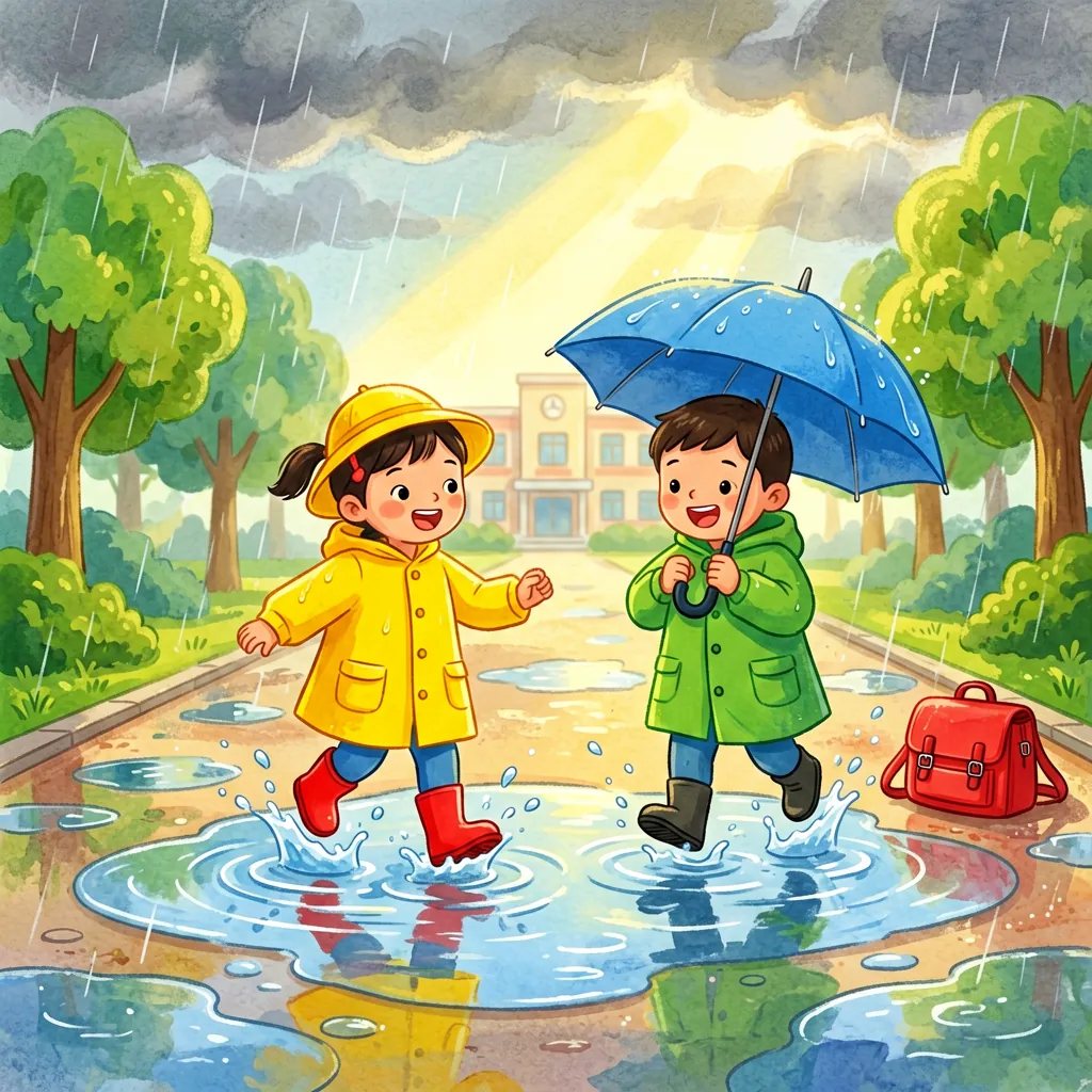 雨天放学——两个小朋友穿着雨衣撑着伞踩水花