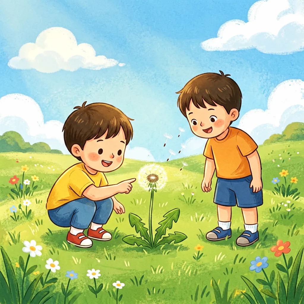 草地上的发现——两个小朋友在草地上看蒲公英