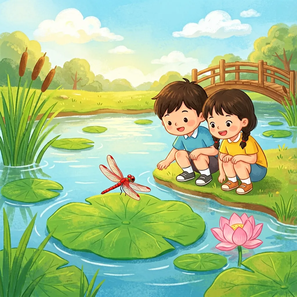 夏天池塘边——两个小朋友蹲在大荷叶边看一只红蜻蜓
